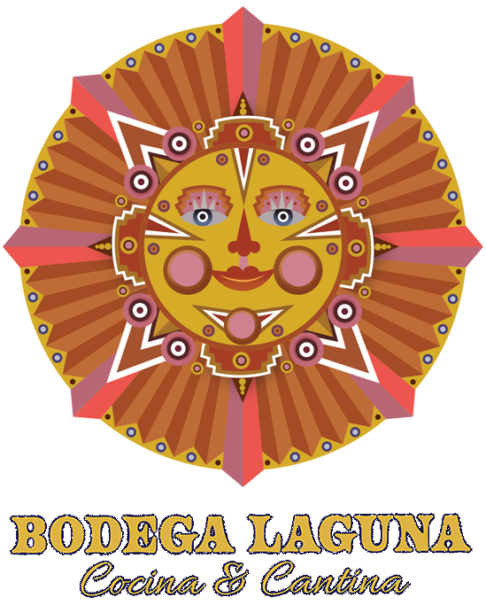 Stylized image of the sun with Aztec influences with the words Bodego Laguna Cocina & Cantina below it. holding a sign that says Bodega Laguna
